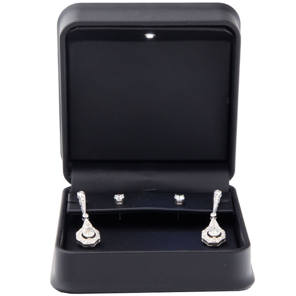 LED Lighted Black Faux Leather Pendant & Earring Jewelry Box – Illuminated Necklace and Earring Set Presentation Box with Black Outer Packer