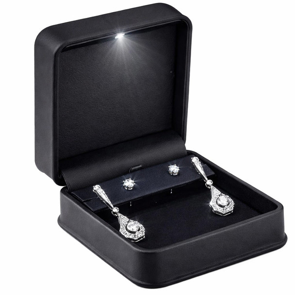 LED Lighted Black Faux Leather Pendant & Earring Jewelry Box – Illuminated Necklace and Earring Set Presentation Box with Black Outer Packer