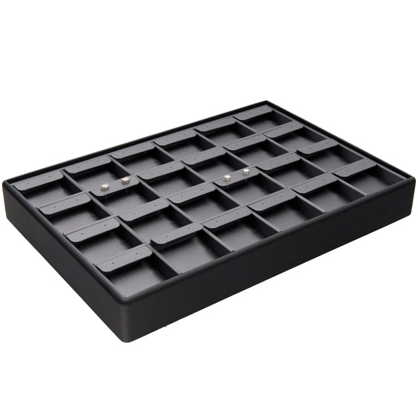 Steel Grey and Black Faux Leather Earring Display Tray – 24 Pair Stackable Jewelry Showcase with Removable Earring Cards
