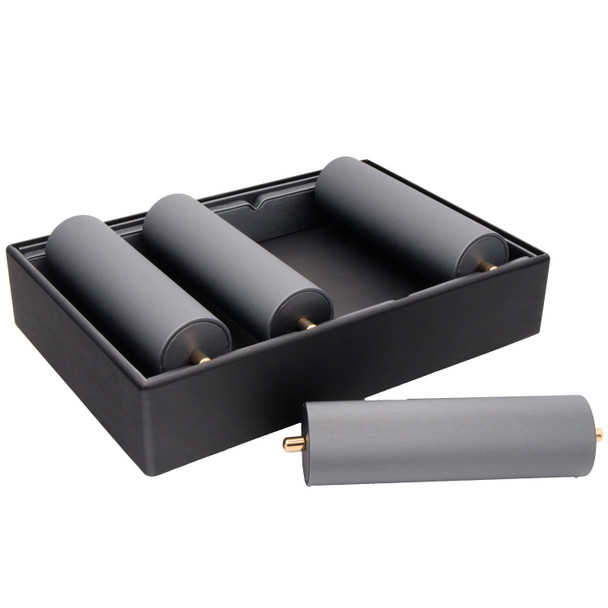 Steel Grey and Black Faux Leather Bracelet Display Tray – 4 Tube Stackable Jewelry Showcase for Bangles and Tennis Bracelets