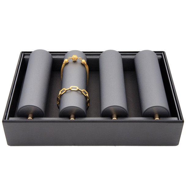 Steel Grey and Black Faux Leather Bracelet Display Tray – 4 Tube Stackable Jewelry Showcase for Bangles and Tennis Bracelets