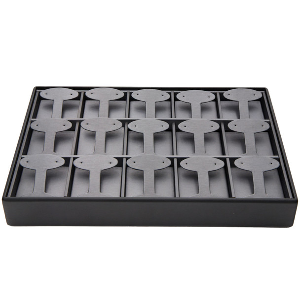 Steel Grey and Black Faux Leather Earring Display Tray – 15 Pair T-Bar Style Stackable Jewelry Showcase for Hoop and Dangle Earrings