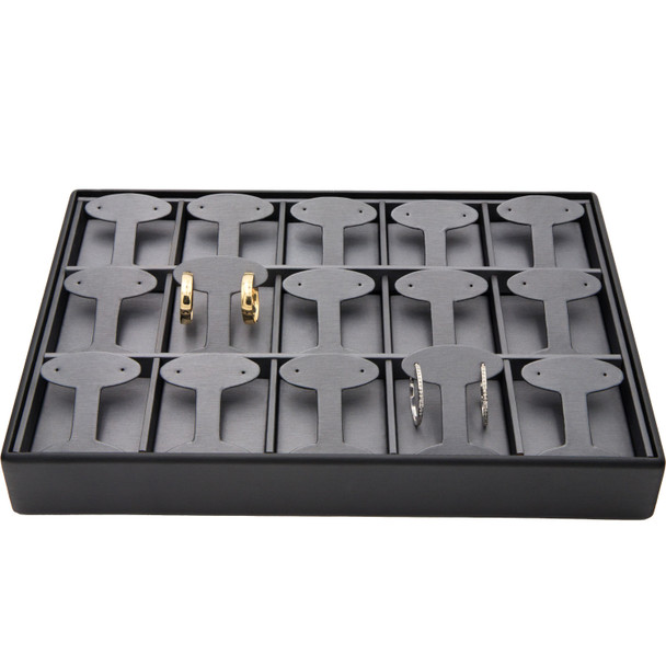 Steel Grey and Black Faux Leather Earring Display Tray – 15 Pair T-Bar Style Stackable Jewelry Showcase for Hoop and Dangle Earrings