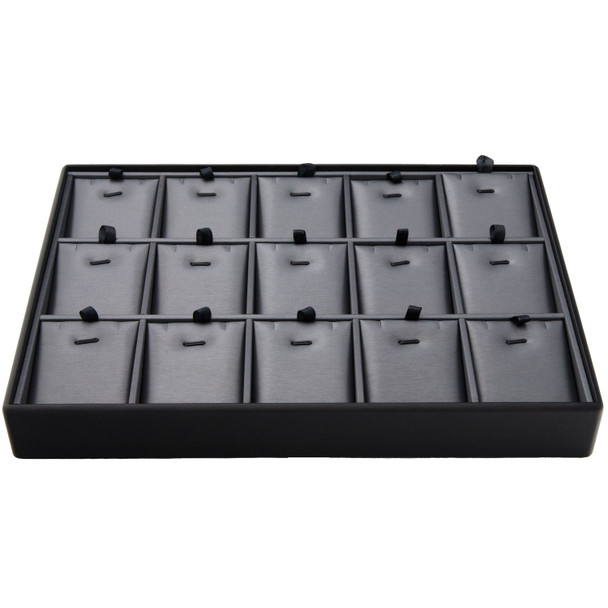 Steel Grey and Black Faux Leather Pendant & Charm Display Tray – 15 Slot Stackable Jewelry Showcase with Removable Pads for Small Necklaces