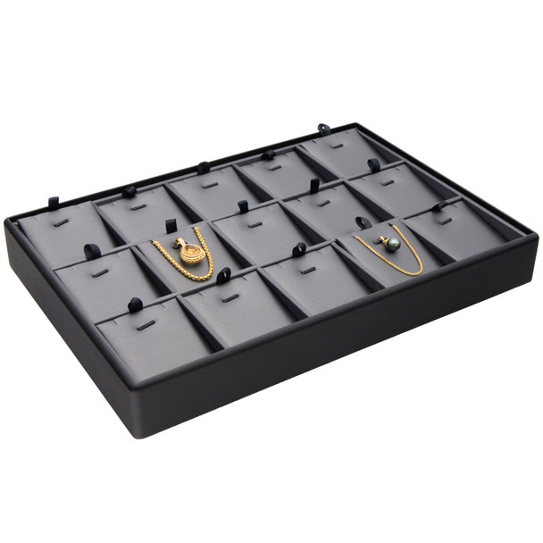 Steel Grey and Black Faux Leather Pendant & Charm Display Tray – 15 Slot Stackable Jewelry Showcase with Removable Pads for Small Necklaces