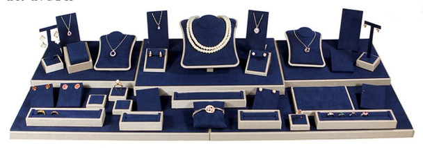 34-Piece Navy Blue Faux Suede Jewelry Display Set with Beige Trim – 40" x 16" x 7.5"H Complete Showcase Display Kit