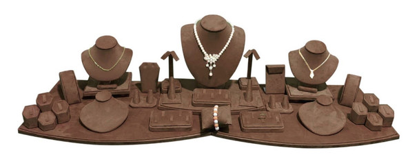 26-Piece Espresso Brown Faux Suede Jewelry Display Set 38 1/8" x 12" x 10"H – Complete Showcase Display Kit for Rings, Earrings & Necklaces