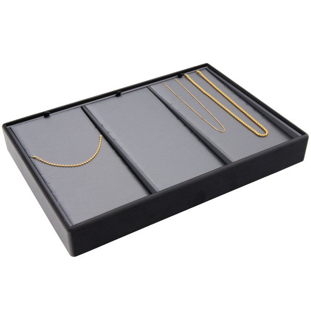 Steel Grey and Black Faux Leather Necklace Chain Display Tray – 3 Section Stackable Jewelry Showcase for Chains & Necklaces