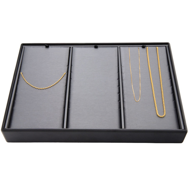 Steel Grey and Black Faux Leather Necklace Chain Display Tray – 3 Section Stackable Jewelry Showcase for Chains & Necklaces