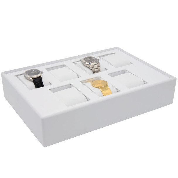 White Faux Leather Watch Display Tray – 8 Slot Stackable Jewelry Showcase with Removable Cushions