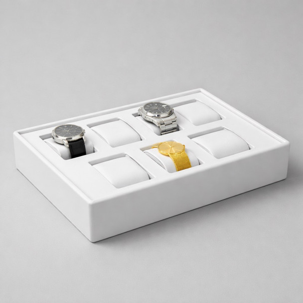 White Faux Leather Watch Display Tray – 8 Slot Stackable Jewelry Showcase with Removable Cushions