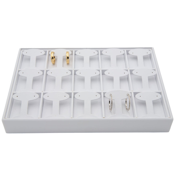 White Faux Leather Earring Display Tray – Holds 15 Pairs, T-Bar Style Stackable Jewelry Showcase for Hoops and Dangle Earrings