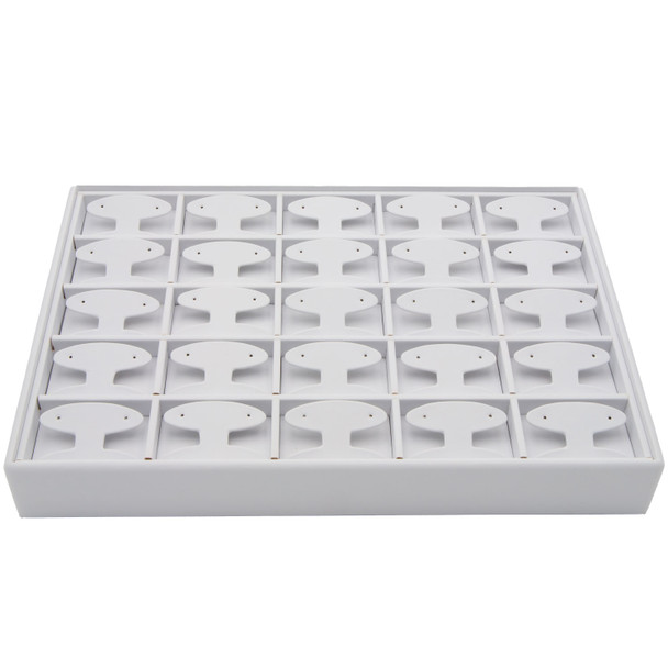 White Faux Leather Earring Display Tray – Holds 25 Pairs, Short T-Bar Style Stackable Jewelry Showcase for Studs, Huggies & Small Hoops