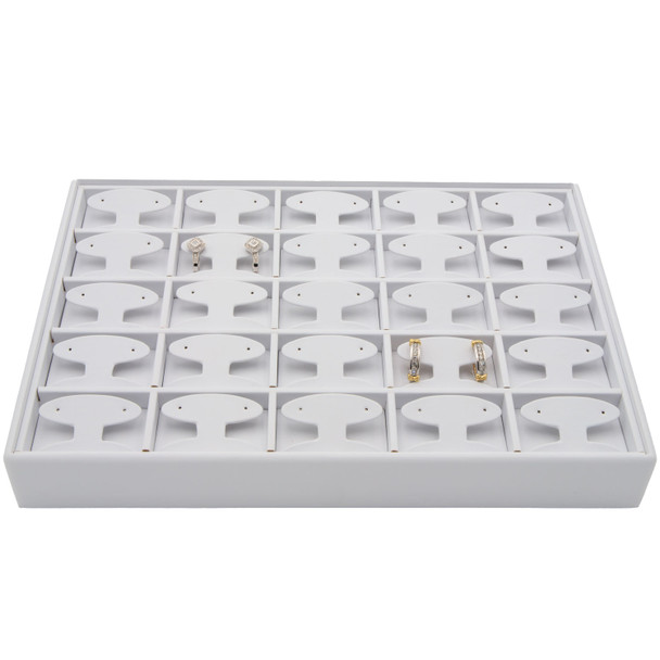 White Faux Leather Earring Display Tray – Holds 25 Pairs, Short T-Bar Style Stackable Jewelry Showcase for Studs, Huggies & Small Hoops