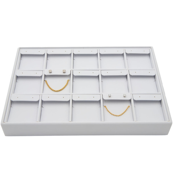 White Faux Leather Earring & Pendant Display Tray – Holds 15 Pairs with Removable Tabs & Chain Cuts, Stackable Jewelry Showcase