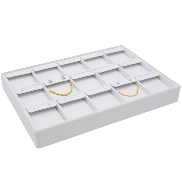 White Faux Leather Earring & Pendant Display Tray – Holds 15 Pairs with Removable Tabs & Chain Cuts, Stackable Jewelry Showcase