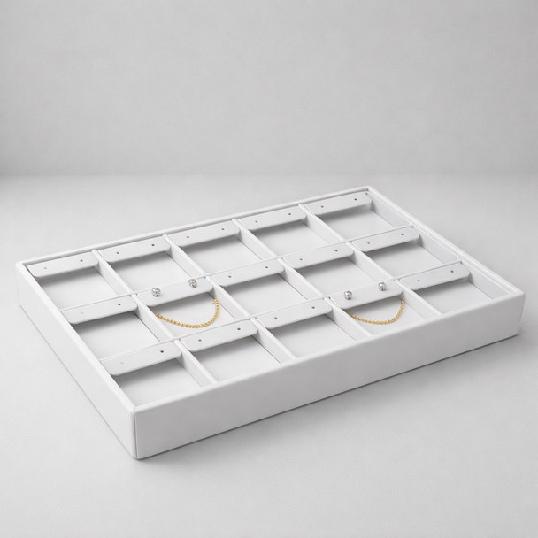 White Faux Leather Earring & Pendant Display Tray – Holds 15 Pairs with Removable Tabs & Chain Cuts, Stackable Jewelry Showcase