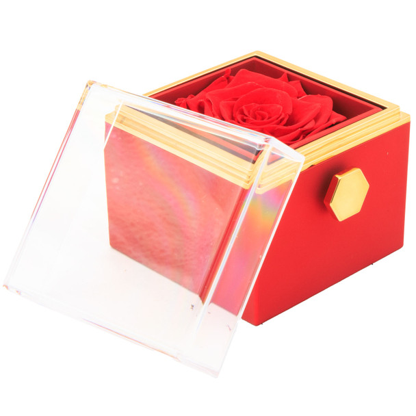 Rotating Rose Jewelry Box Gift Set with Velvet Insert, Outer Box & Matching Tote Bag