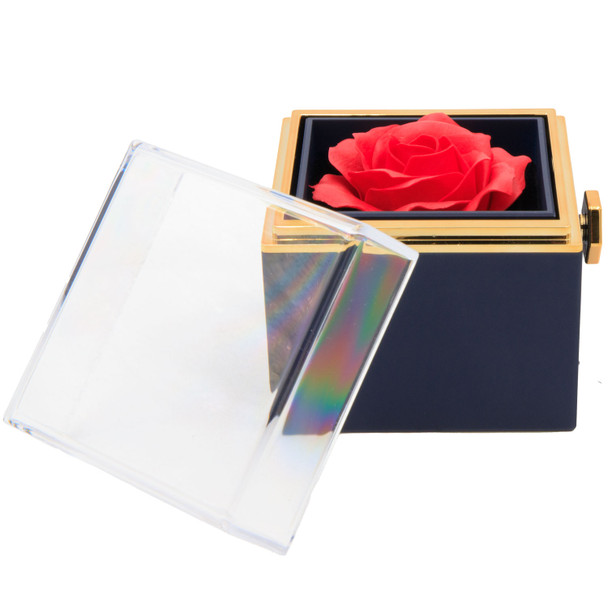 Blue Rotating Rose Jewelry Box Gift Set with Velvet Insert, Outer Box & Matching Tote Bag