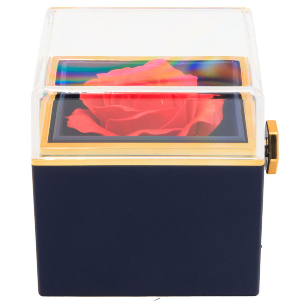 Blue Rotating Rose Jewelry Box Gift Set with Velvet Insert, Outer Box & Matching Tote Bag