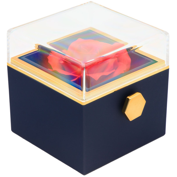 Blue Rotating Rose Jewelry Box Gift Set with Velvet Insert, Outer Box & Matching Tote Bag