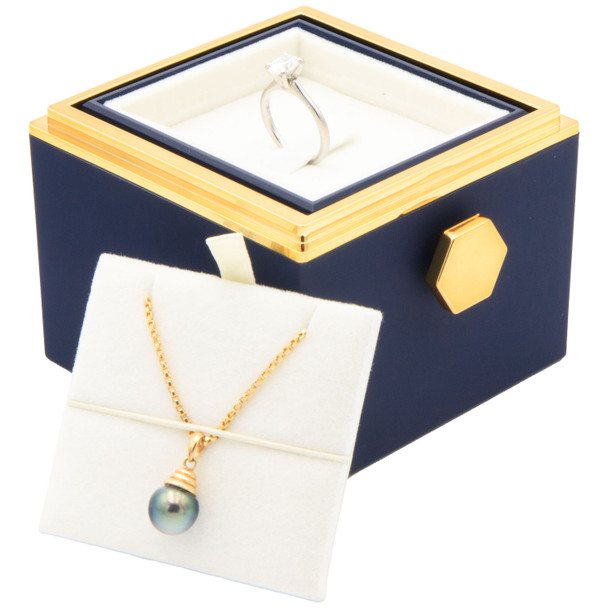 Blue Rotating Rose Jewelry Box Gift Set with Velvet Insert, Outer Box & Matching Tote Bag