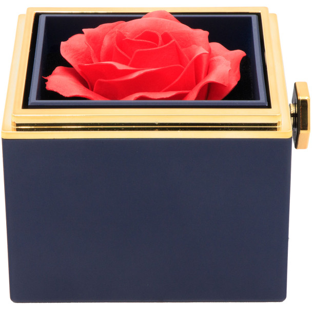 Blue Rotating Rose Jewelry Box Gift Set with Velvet Insert, Outer Box & Matching Tote Bag