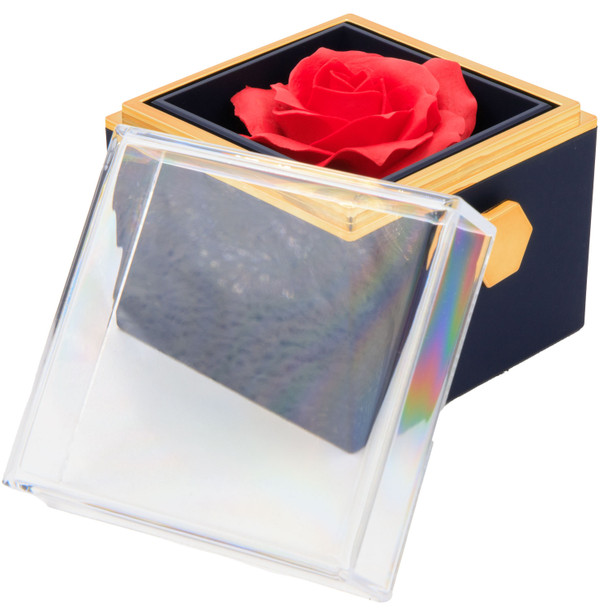 Blue Rotating Rose Jewelry Box Gift Set with Velvet Insert, Outer Box & Matching Tote Bag