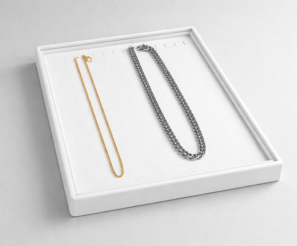 White Faux Leather Chain Display Tray with 14 Bendable Wire Hooks – Stackable Jewelry Chain & Necklace Organizer