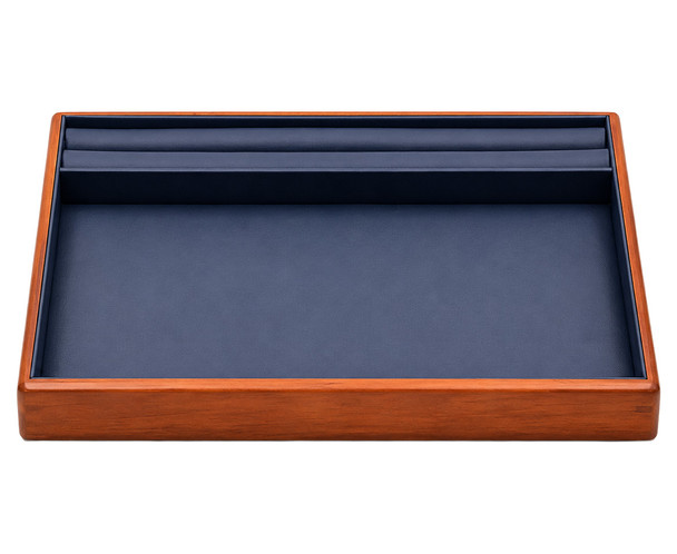 Navy Blue Faux Leather Countertop Jewelry Presentation Tray with Wood Trim - 10 1/2"x 8 5/8"x 1"H