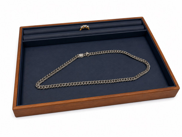Navy Blue Faux Leather Countertop Jewelry Presentation Tray with Wood Trim - 10 1/2"x 8 5/8"x 1"H