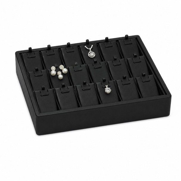 Black Faux Leather Stackable Pendant, Earring & Charm Display Tray – 18 Cushioned Display Cards - 8 7/8" x 7 1/8"