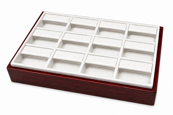 12-Section Earring Display Tray – White Faux Leather with Glossy Rosewood Trim – 9" x 6" 