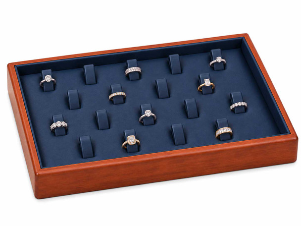 Blue Faux Leather Stackable Ring Display Tray with Wood Trim – 18 Ring Clips