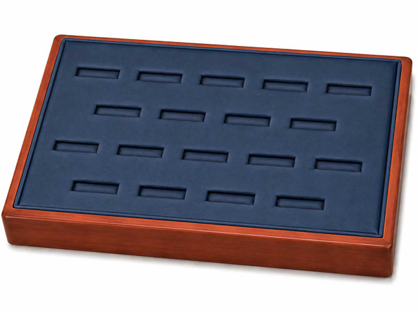 Blue Faux Leather Stackable Ring Display Tray with Glossy Honey Oak Trim – 18 Slots - 9"x6"