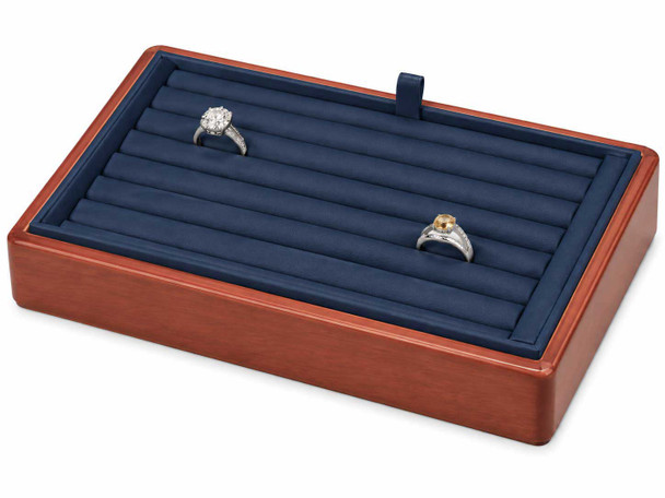 Blue Faux Leather Stackable Wide Ring & Bangle Display Tray with Glossy Honey Oak Trim - 9"x6"