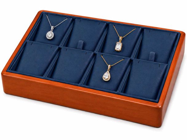 Blue Faux Leather Stackable Pendant & Earring Display Tray with Glossy Honey Oak Trim – 8 Removable Cards - 9"x6"