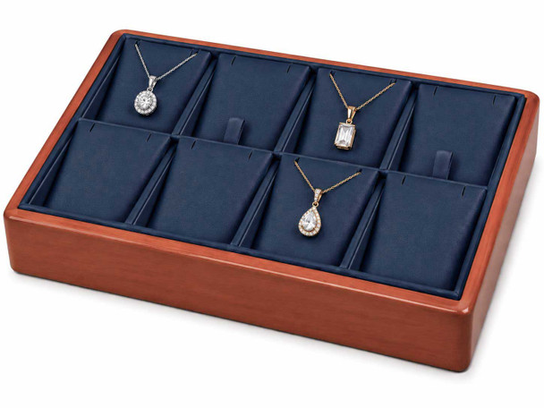 Blue Faux Leather Stackable Pendant & Earring Display Tray with Glossy Honey Oak Trim – 8 Removable Cards - 9"x6"