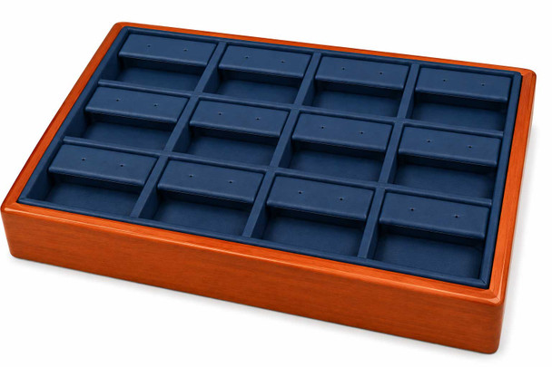 Blue Faux Leather Stackable Earring Display Tray with Glossy Honey Oak Trim – 12 Sections - 9"x6"