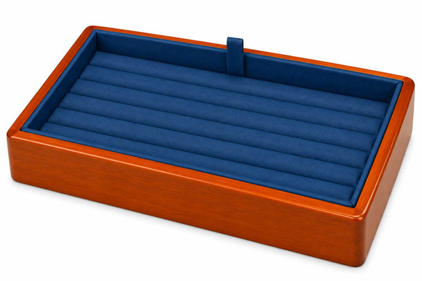 Blue Faux Leather Stackable Tennis Bracelet Display Tray with Glossy Honey Oak Trim – 8 Sections - 9"x6"