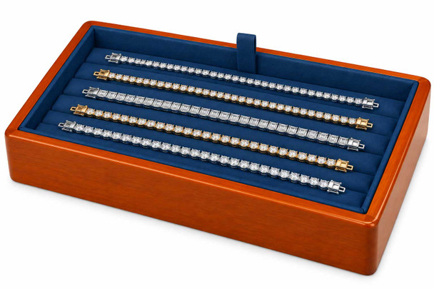 Blue Faux Leather Stackable Tennis Bracelet Display Tray with Glossy Honey Oak Trim – 8 Sections - 9"x6"