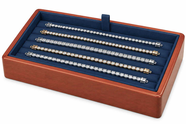 Blue Faux Leather Stackable Tennis Bracelet Display Tray with Glossy Honey Oak Trim – 8 Sections - 9"x6"