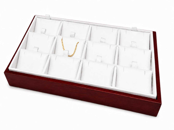 White Faux Leather Stackable Pendant & Earring Display Tray with Glossy Rosewood Trim – 12 Removable Cards - 9"x6"