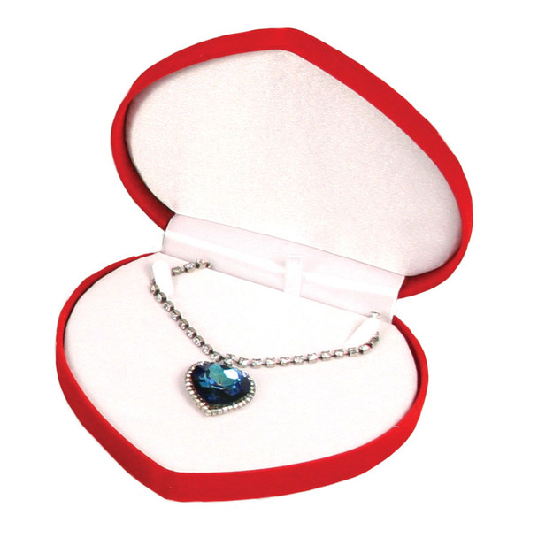 Heart Shaped Necklace Box Soft Flocked Velour, 6 1/2” x 6” x 1 3/8”, Available in Red or Black ~ Sold 12 Pieces Per Pack, $8.00 per piece