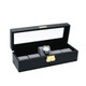 Glass top View, Black Leather / Grey Velvet 5-Pillow Wooden Watch Box, 11 5/8" x 4" x 3 1/4"H