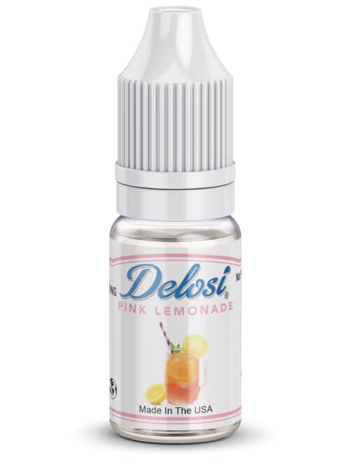 Delosi Pink Lemonade Flavor Concentrate bottle with white cap and label, made in the USA.