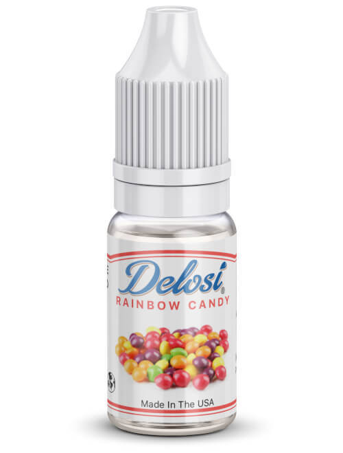 Delosi Rainbow Candy Flavor Concentrate bottle with colorful candy graphics on white background.