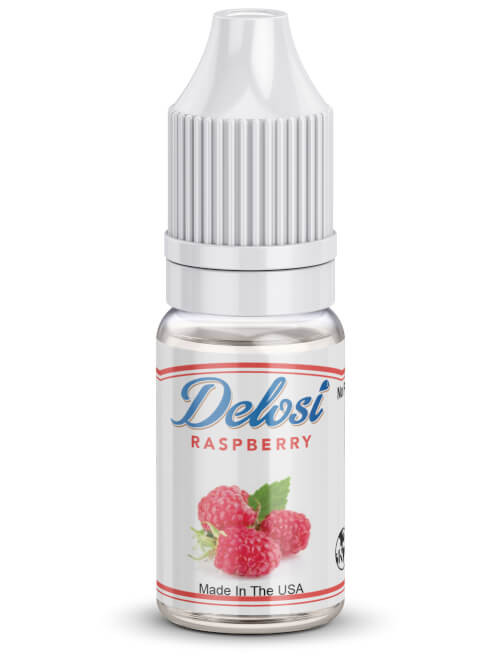Delosi Raspberry Flavor Concentrate, gluten free flavor concentrate, in a small clear bottle with white cap.