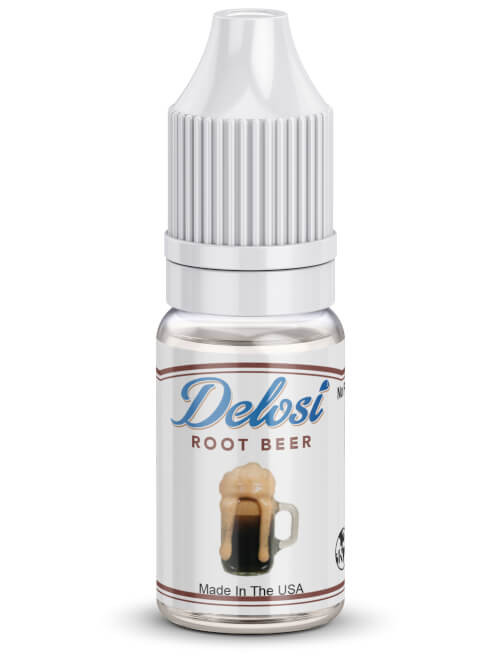 Delosi Root Beer Flavor Concentrate bottle with white cap and label on a plain background.