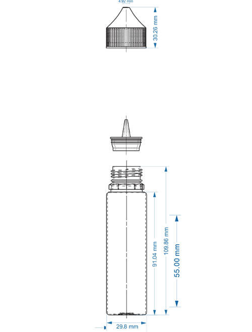 Exploded view illustration of the 60mL Chubby Gorilla bottle, highlighting precision dimensions and component assembly for accurate industrial application.